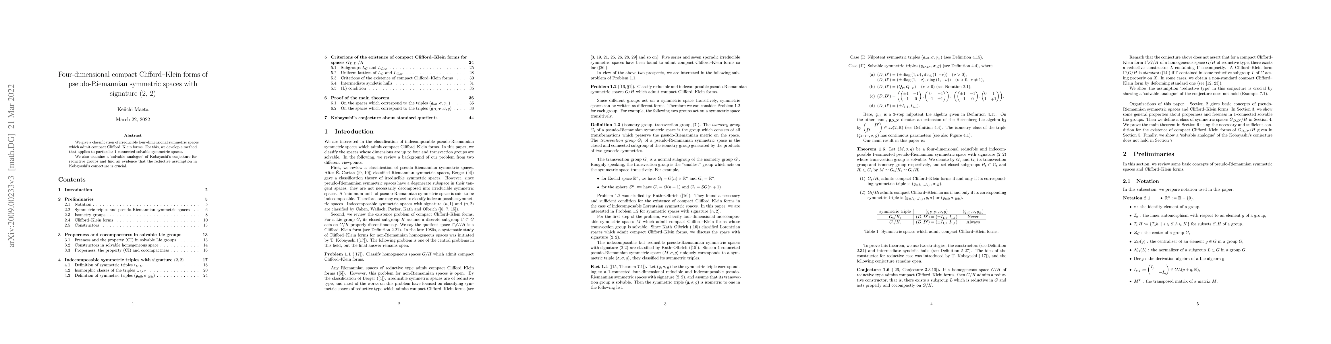 Thumbnail for Four-dimensional compact Clifford-Klein forms of pseudo-Riemannian
  symmetric spaces with signature $(2, 2)$