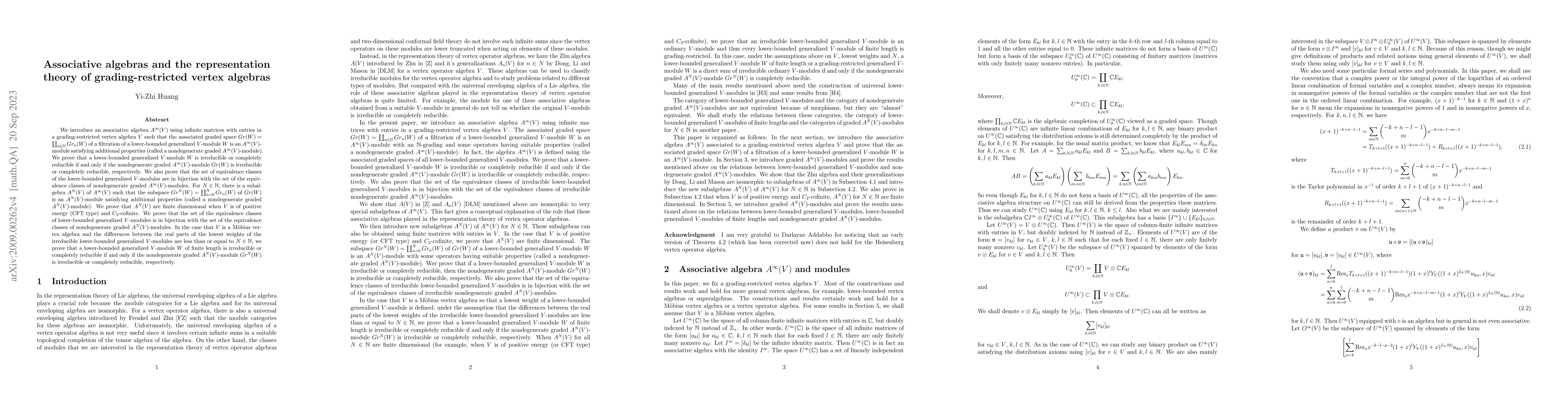 Thumbnail for Associative algebras and the representation theory of grading-restricted
  vertex algebras