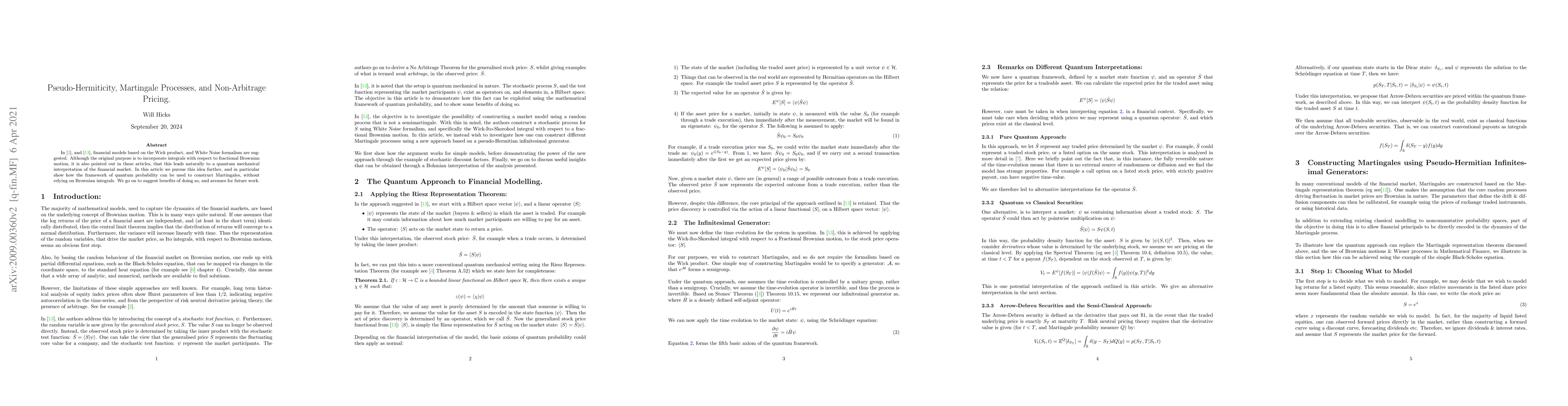 Thumbnail for Pseudo-Hermiticity, Martingale Processes and Non-Arbitrage Pricing