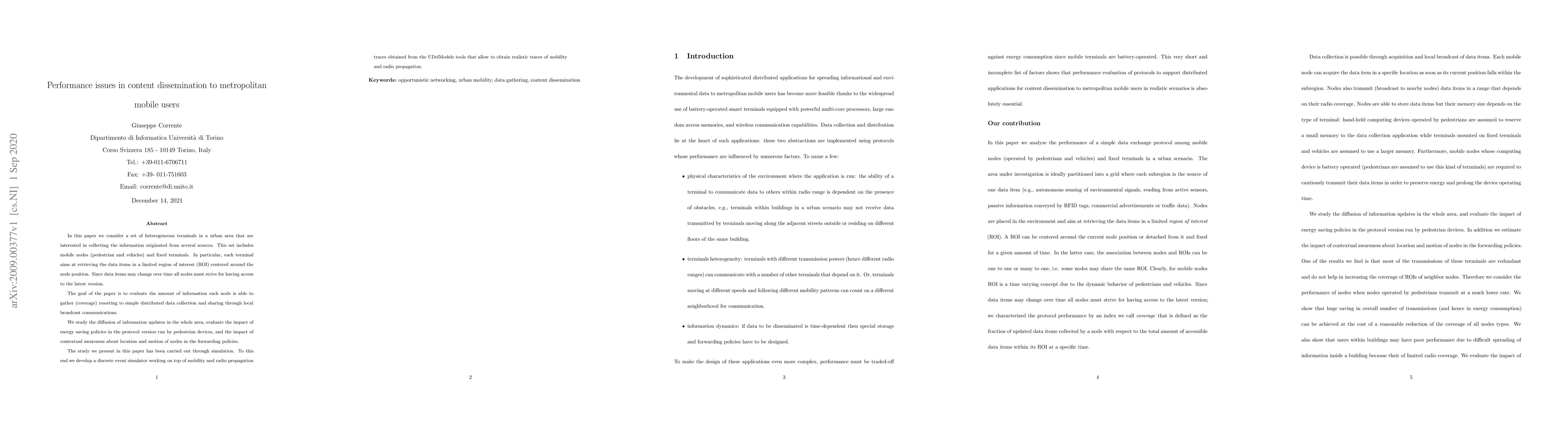 Thumbnail for Performance issues in content dissemination to metropolitan mobile users