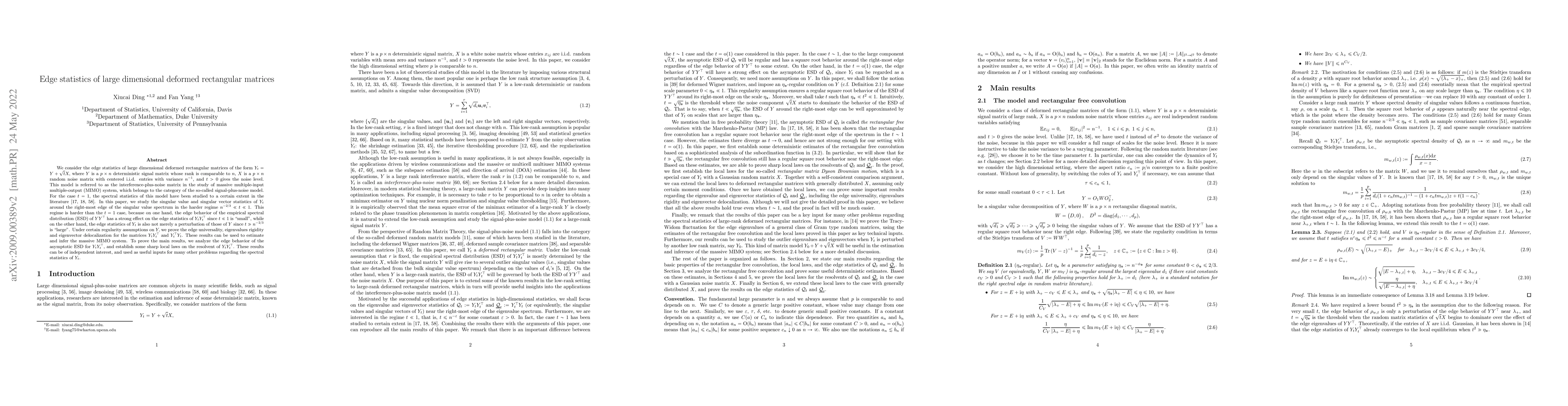 Thumbnail for Edge statistics of large dimensional deformed rectangular matrices