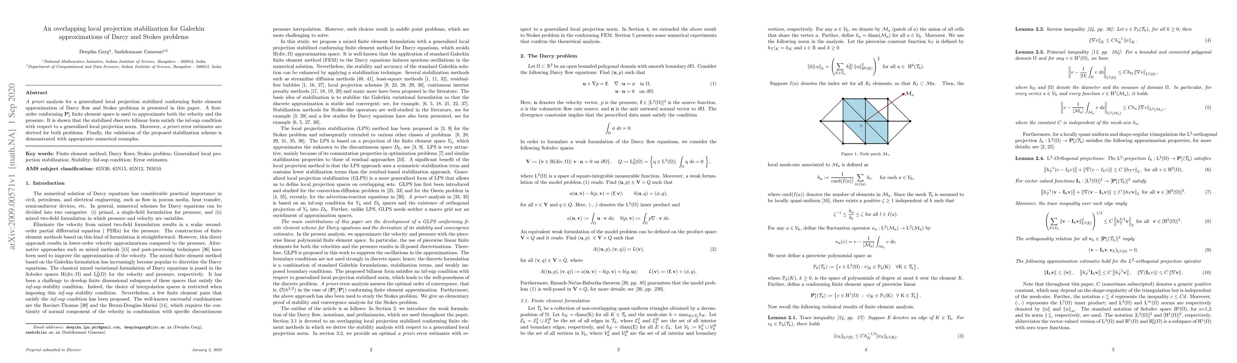 Thumbnail for An overlapping local projection stabilization for Galerkin
  approximations of Darcy and Stokes problems