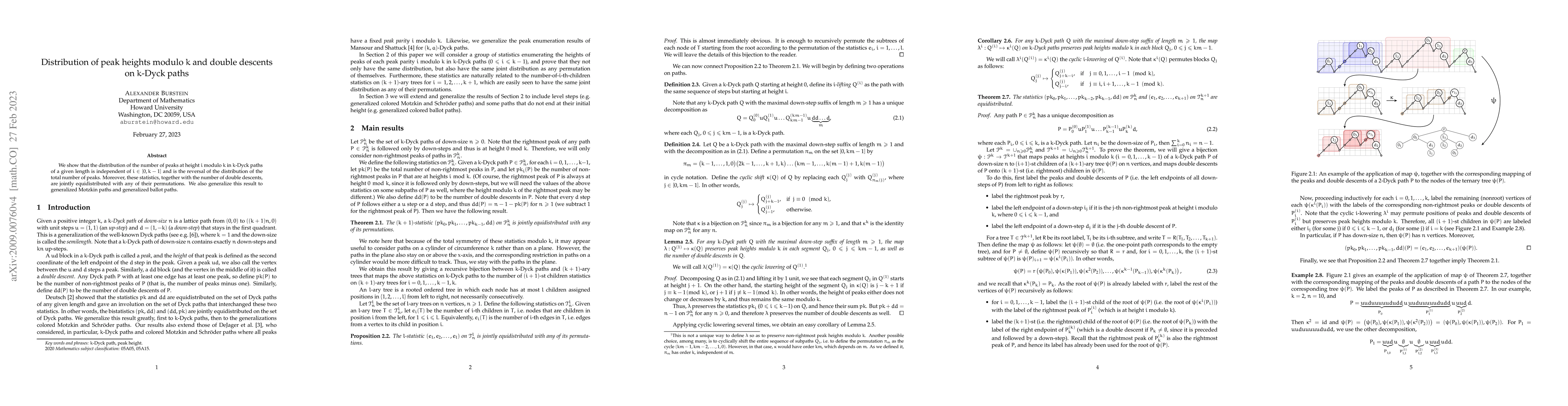 Thumbnail for Distribution of peak heights modulo $k$ and double descents on $k$-Dyck
  paths