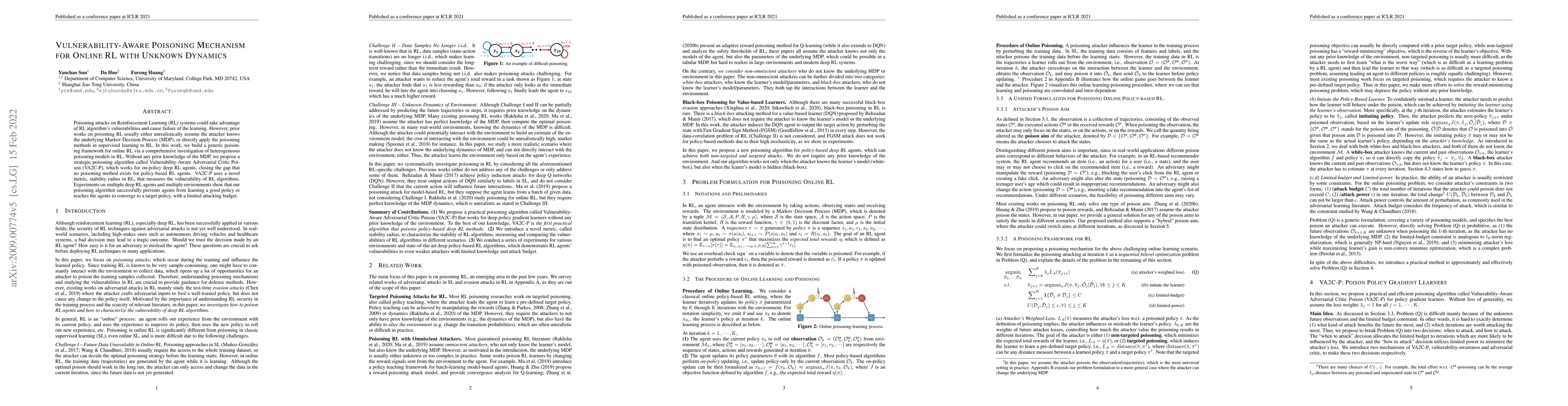 Thumbnail for Vulnerability-Aware Poisoning Mechanism for Online RL with Unknown
  Dynamics