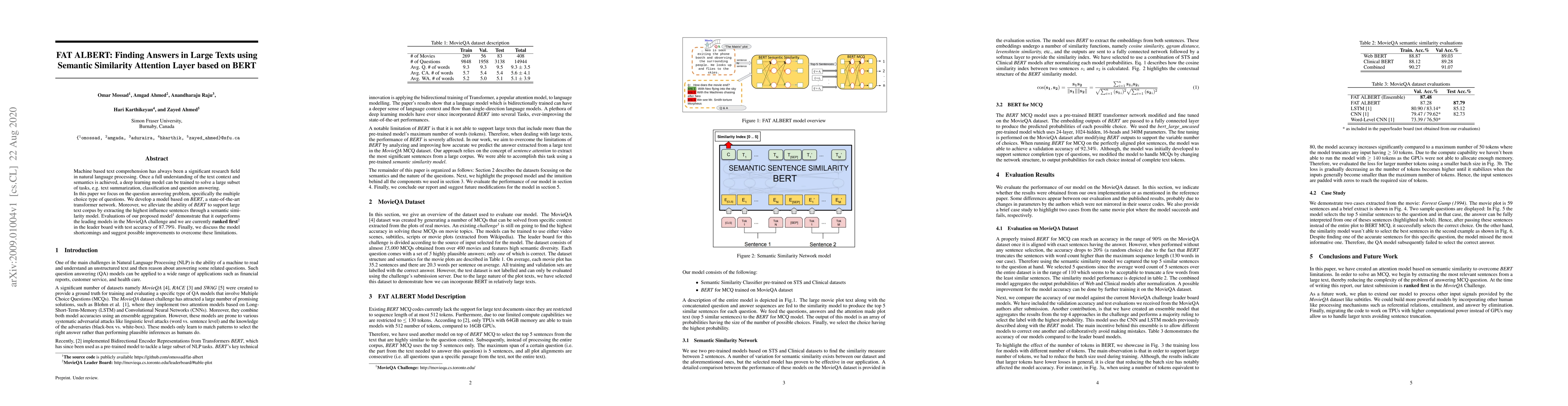Thumbnail for FAT ALBERT: Finding Answers in Large Texts using Semantic Similarity
  Attention Layer based on BERT