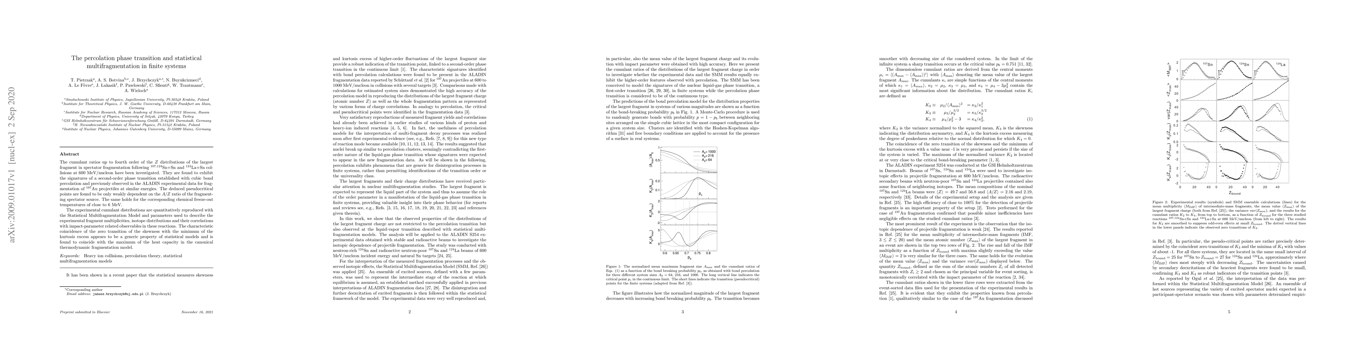 Thumbnail for The percolation phase transition and statistical multifragmentation in
  finite systems
