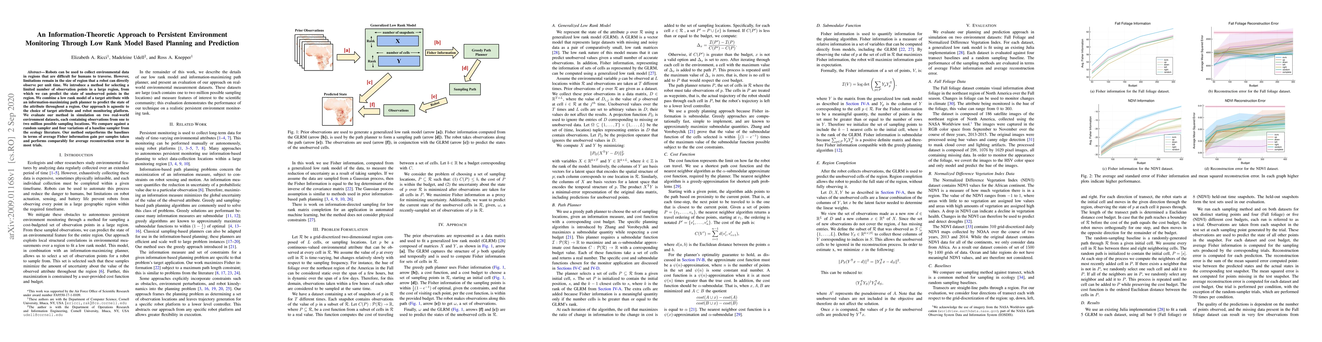 Thumbnail for An Information-Theoretic Approach to Persistent Environment Monitoring
  Through Low Rank Model Based Planning and Prediction