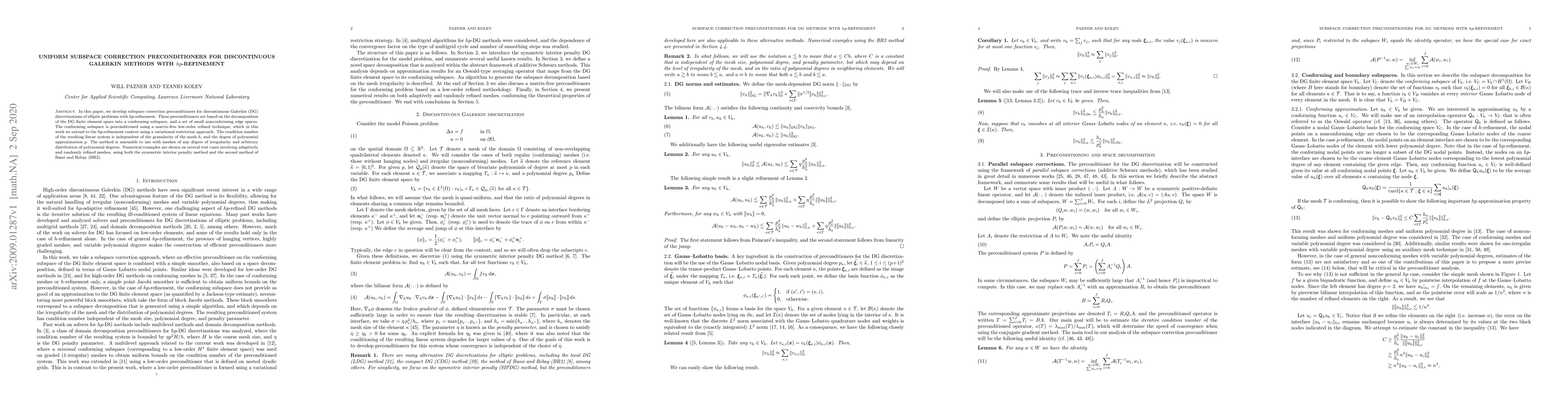 Thumbnail for Uniform subspace correction preconditioners for discontinuous Galerkin
  methods with $hp$-refinement