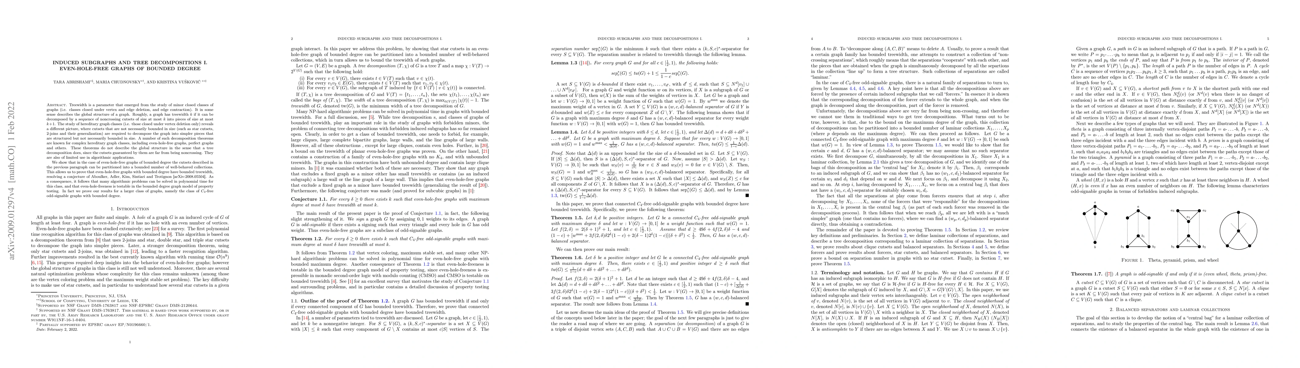 Thumbnail for Induced subgraphs and tree decompositions I. Even-hole-free graphs of
  bounded degree
