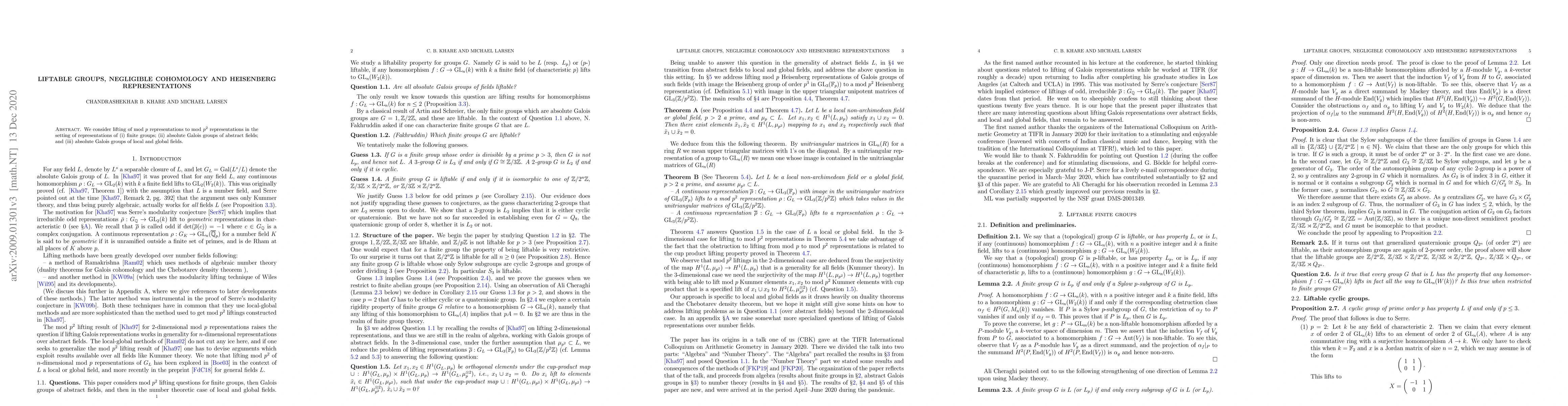Thumbnail for Liftable groups, negligible cohomology and Heisenberg representations