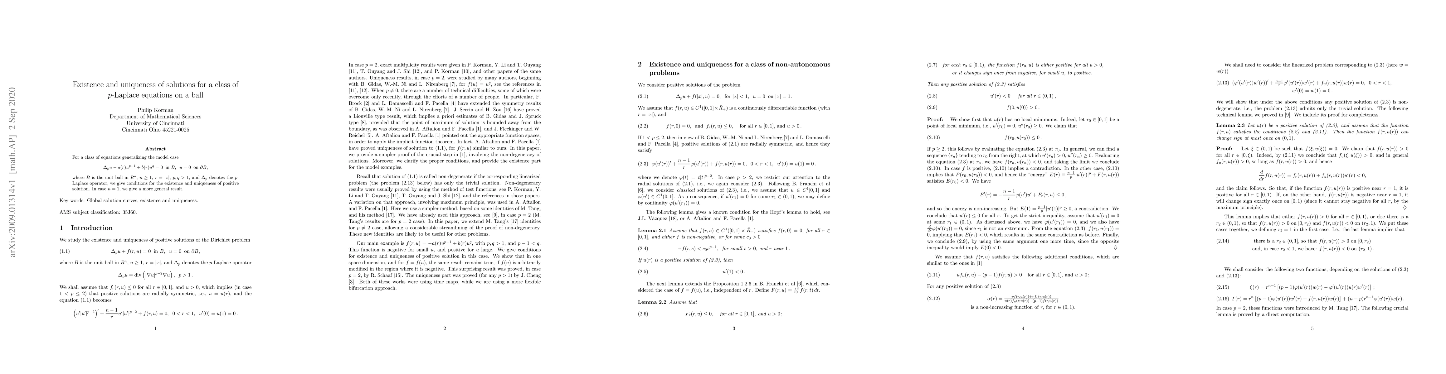 Thumbnail for Existence and uniqueness of solutions for a class of $p$-Laplace
  equations on a ball