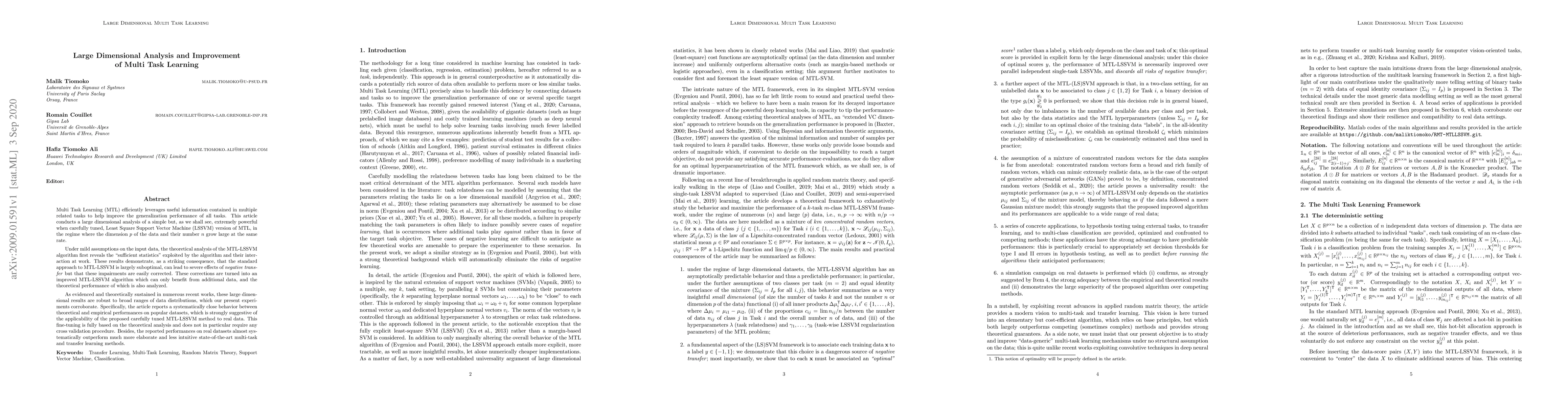 Thumbnail for Large Dimensional Analysis and Improvement of Multi Task Learning