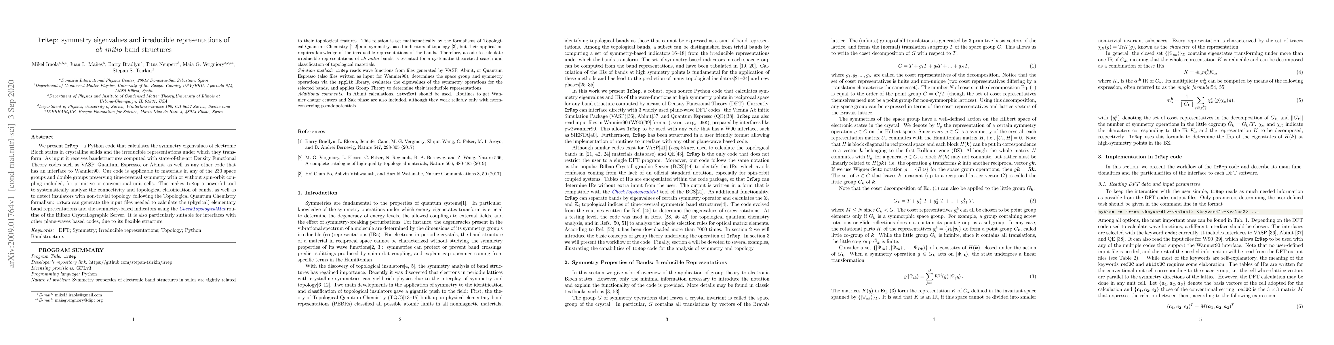 Thumbnail for IrRep: symmetry eigenvalues and irreducible representations of ab initio
  band structures