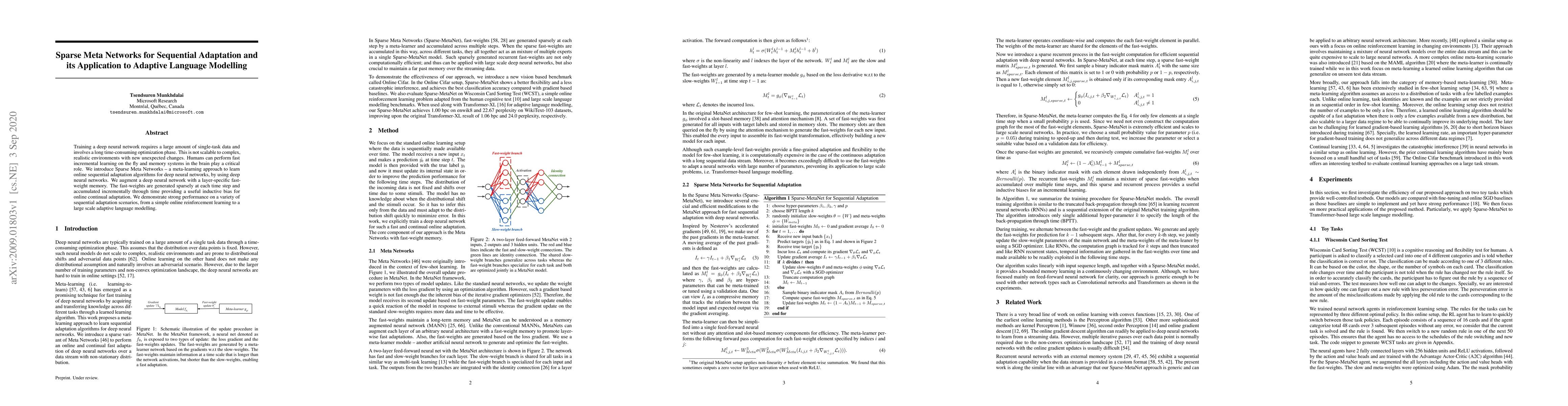Thumbnail for Sparse Meta Networks for Sequential Adaptation and its Application to
  Adaptive Language Modelling