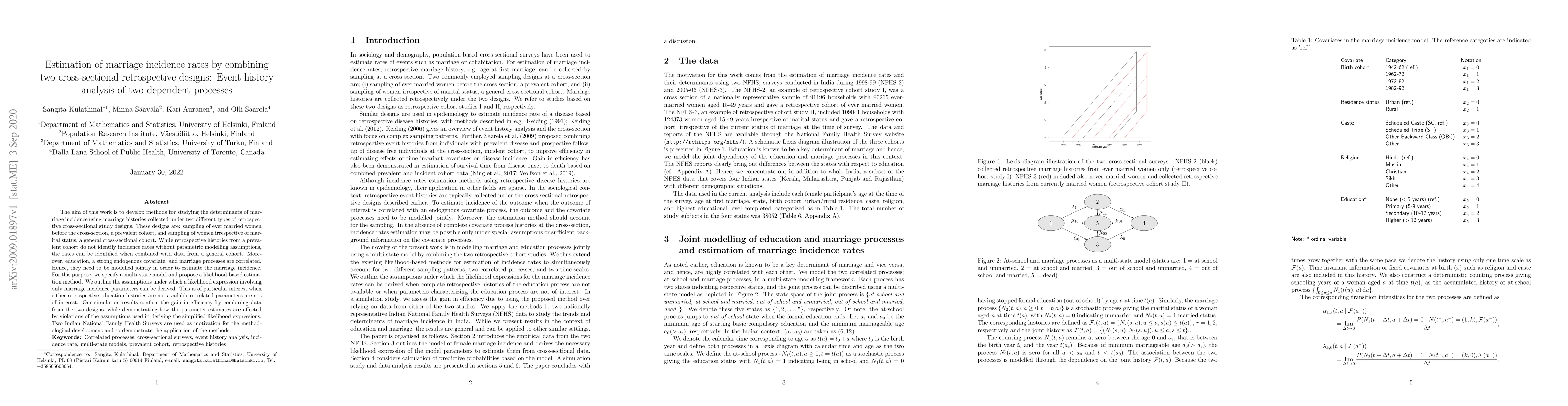 Thumbnail for Estimation of marriage incidence rates by combining two cross-sectional
  retrospective designs: Event history analysis of two dependent processes