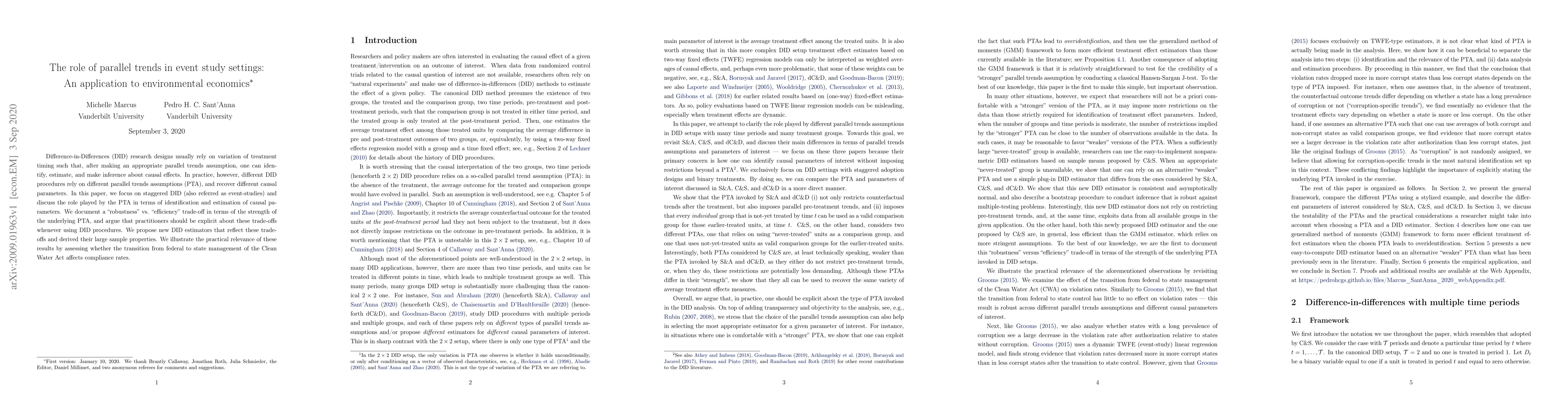 Thumbnail for The role of parallel trends in event study settings: An application to
  environmental economics