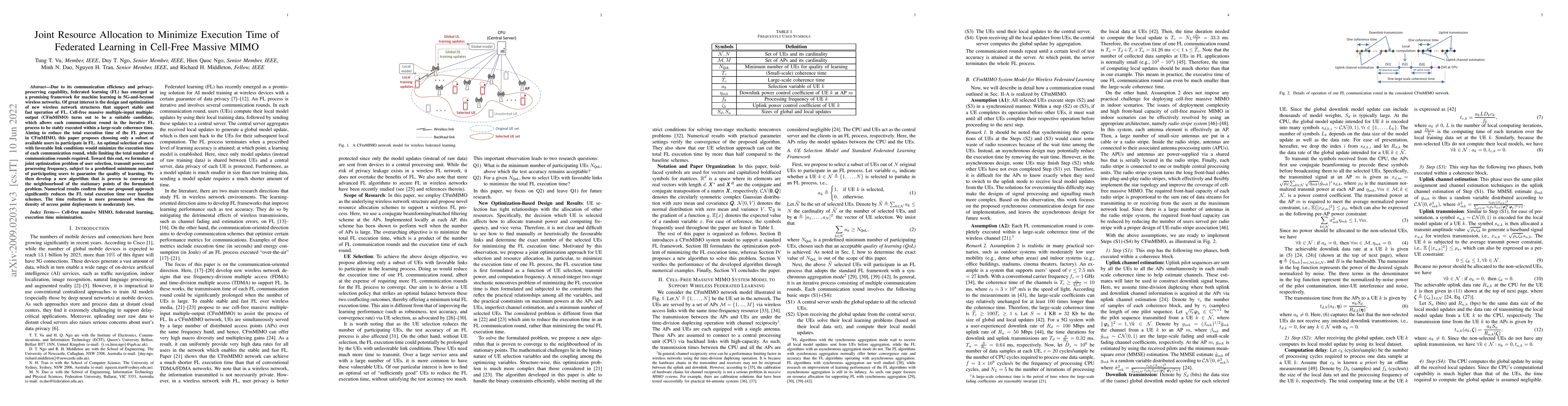 Thumbnail for Joint Resource Allocation to Minimize Execution Time of Federated
  Learning in Cell-Free Massive MIMO