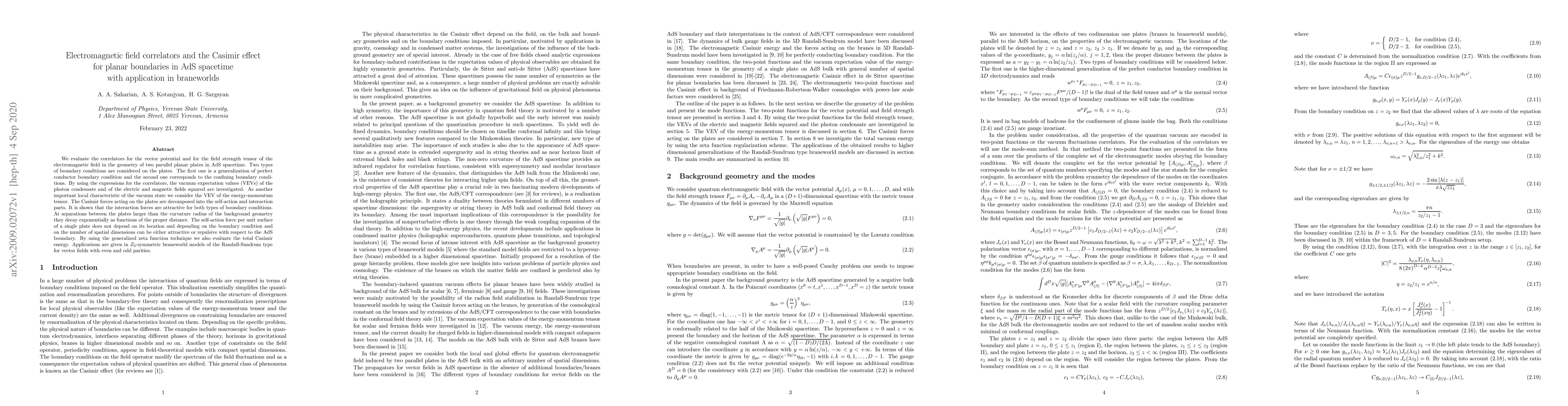 Thumbnail for Electromagnetic field correlators and the Casimir effect for planar
  boundaries in AdS spacetime with application in braneworlds