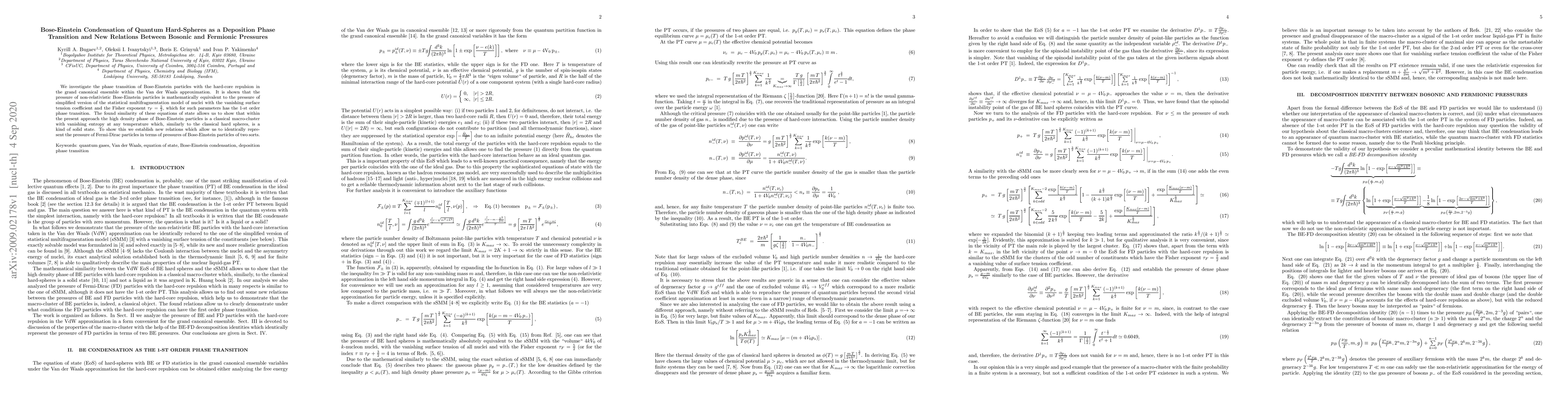 Thumbnail for Bose-Einstein Condensation of Quantum Hard-Spheres as a Deposition Phase
  Transition and New Relations Between Bosonic and Fermionic Pressures