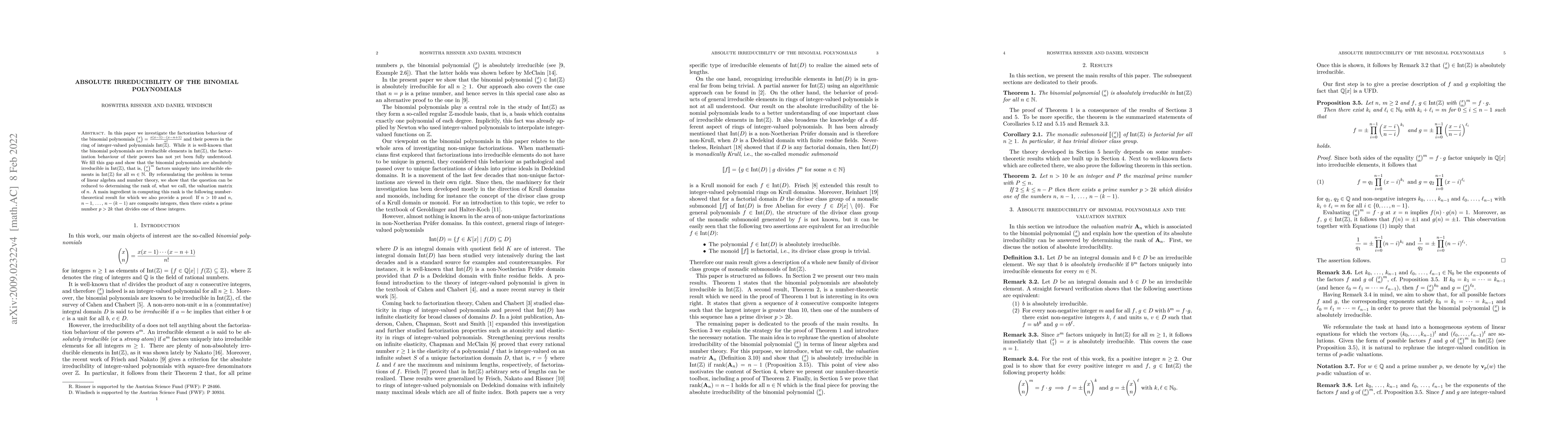 Thumbnail for Absolute irreducibility of the binomial polynomials