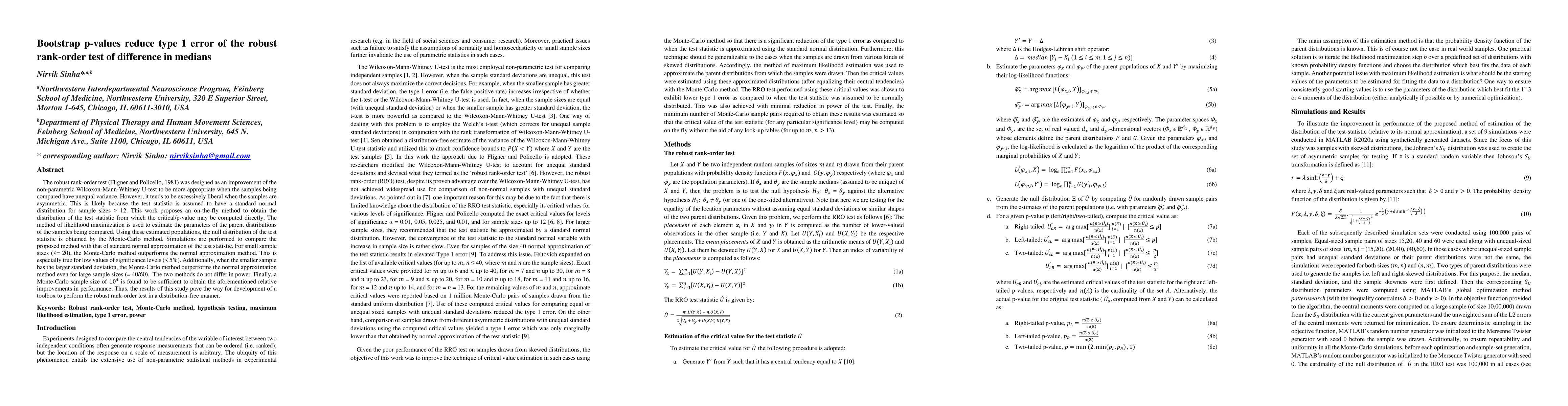 Thumbnail for Bootstrap p-values reduce type 1 error of the robust rank-order test of
  difference in medians