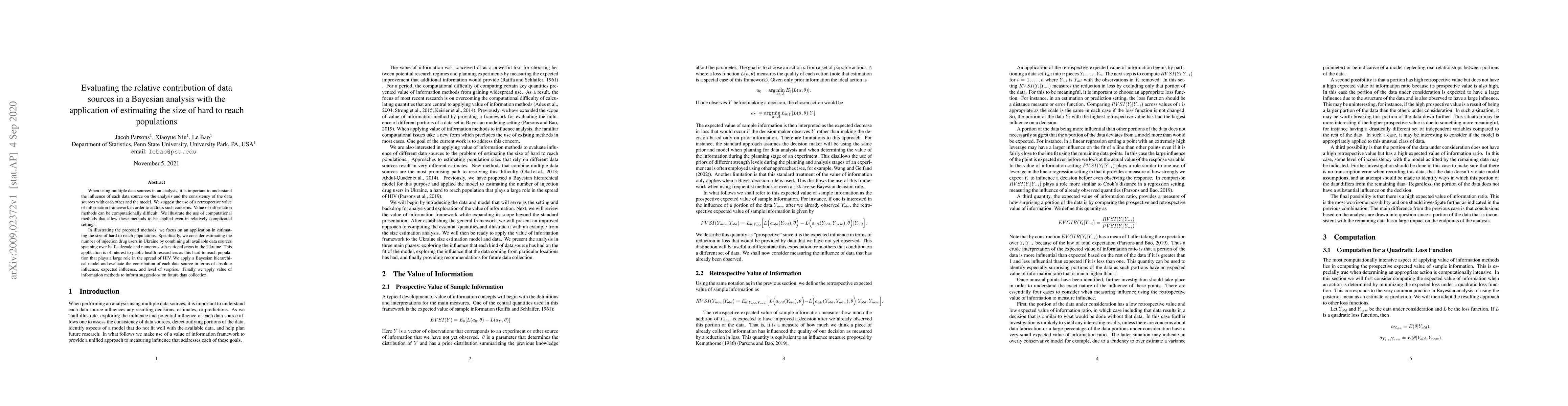 Thumbnail for Evaluating the relative contribution of data sources in a Bayesian
  analysis with the application of estimating the size of hard to reach
  populations