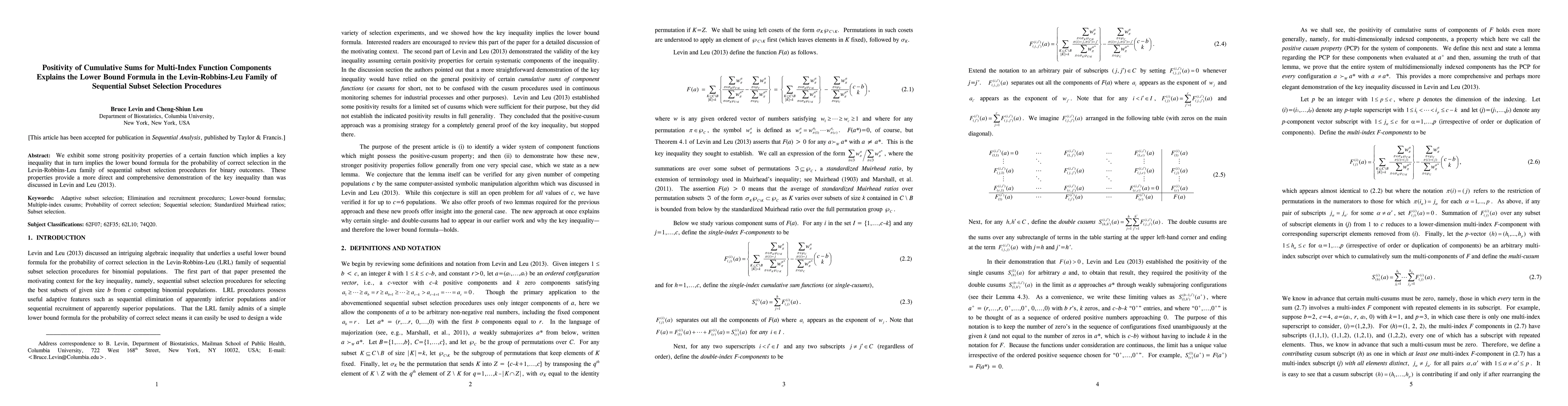 Thumbnail for Positivity of Cumulative Sums for Multi-Index Function Components
  Explains the Lower Bound Formula in the Levin-Robbins-Leu Family of
  Sequential Subset Selection Procedures