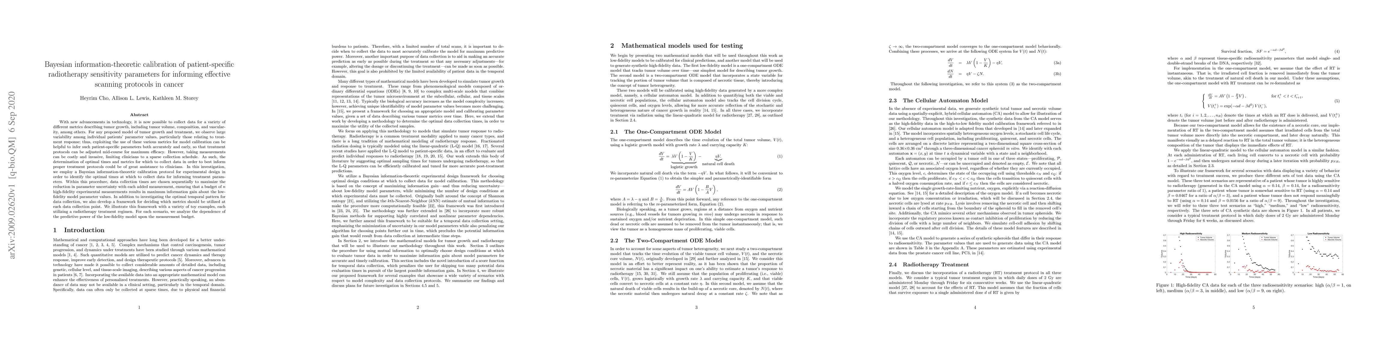 Thumbnail for Bayesian information-theoretic calibration of patient-specific
  radiotherapy sensitivity parameters for informing effective scanning
  protocols in cancer