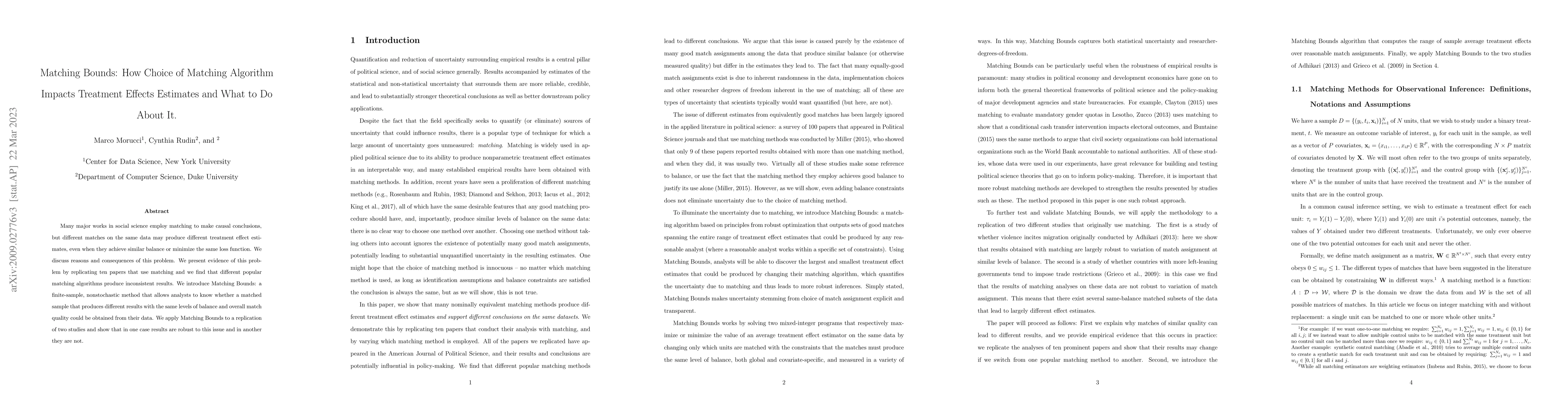 Thumbnail for Matching Bounds: How Choice of Matching Algorithm Impacts Treatment
  Effects Estimates and What to Do about It