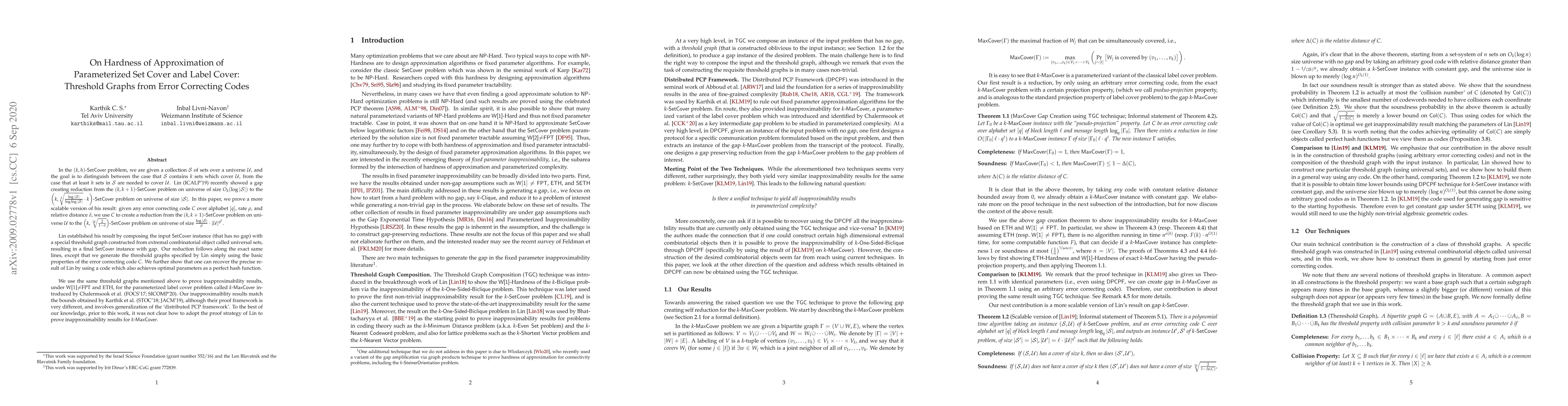 Thumbnail for On Hardness of Approximation of Parameterized Set Cover and Label Cover:
  Threshold Graphs from Error Correcting Codes