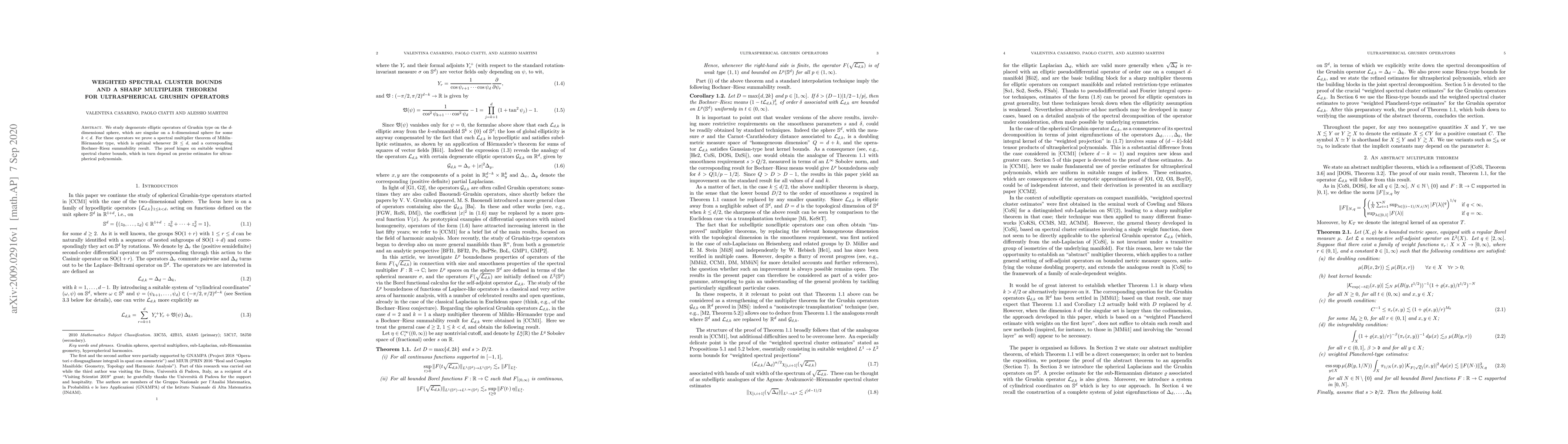 Thumbnail for Weighted spectral cluster bounds and a sharp multiplier theorem for
  ultraspherical Grushin operators