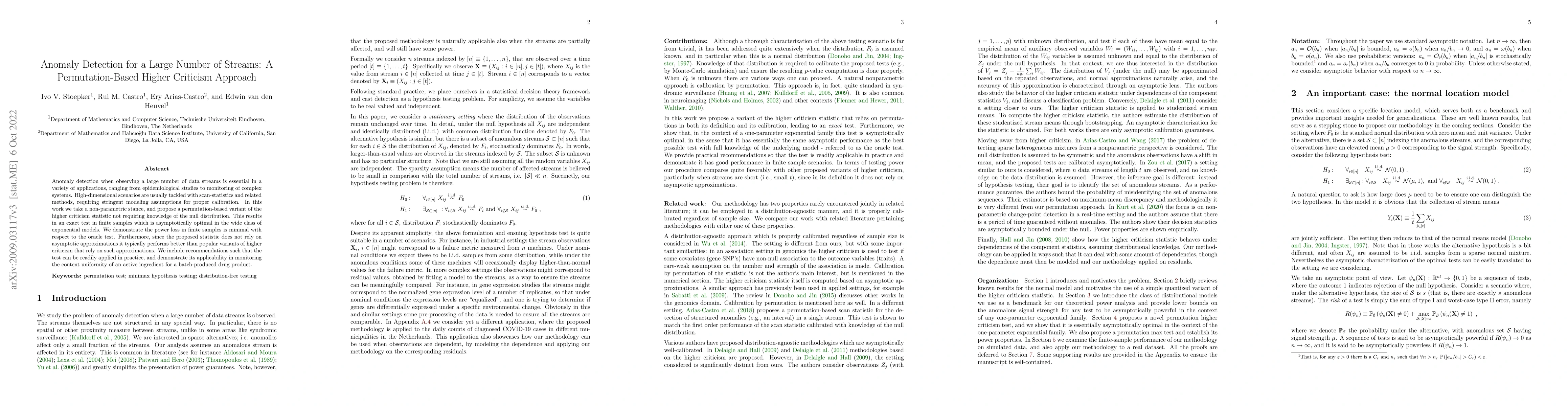 Thumbnail for Anomaly Detection for a Large Number of Streams: A Permutation-Based
  Higher Criticism Approach