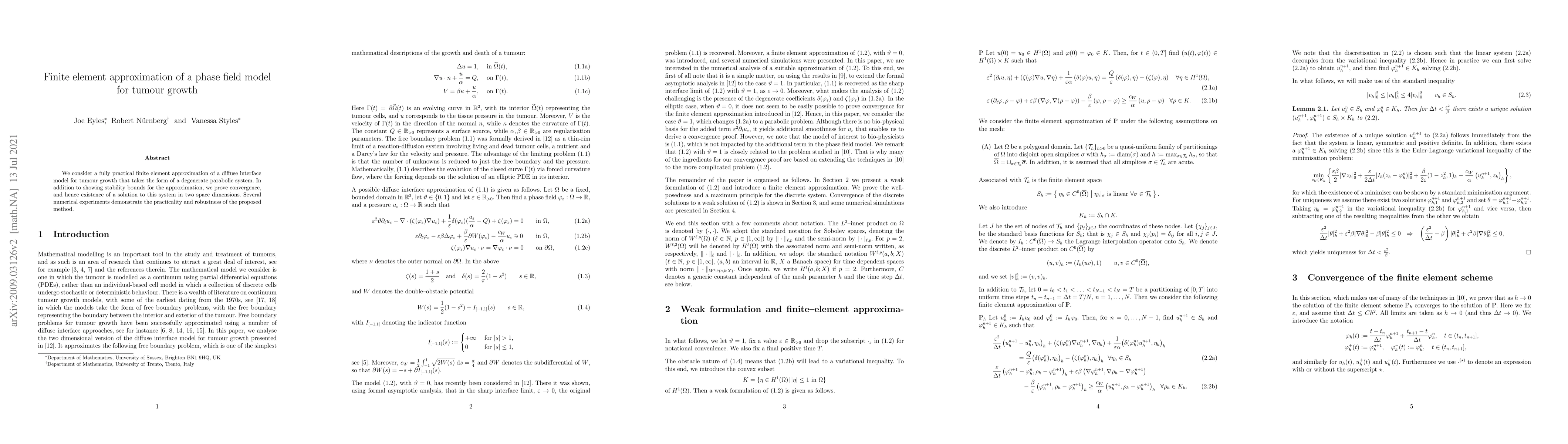 Thumbnail for Finite element approximation of a phase field model for tumour growth