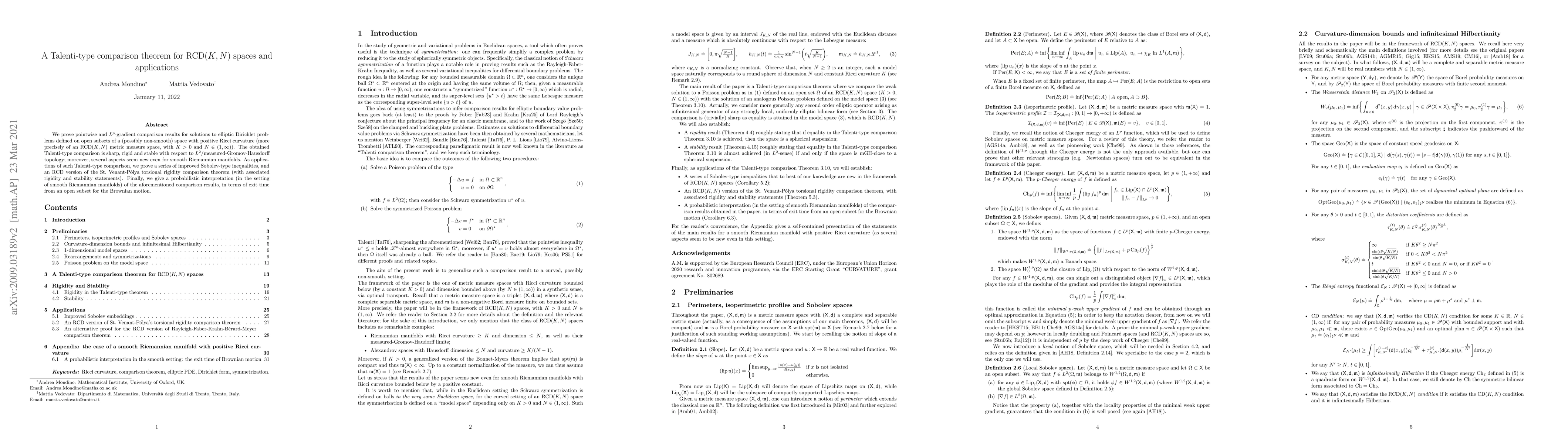 Thumbnail for A Talenti-type comparison theorem for $\mathrm{RCD}(K,N)$ spaces and
  applications