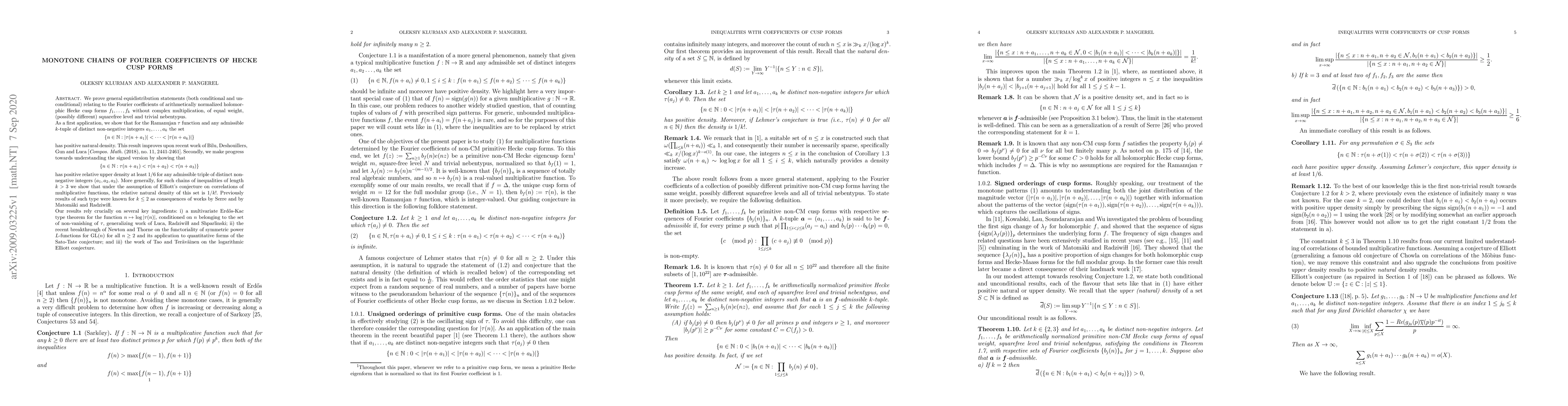 Thumbnail for Monotone chains of Fourier coefficients of Hecke cusp forms