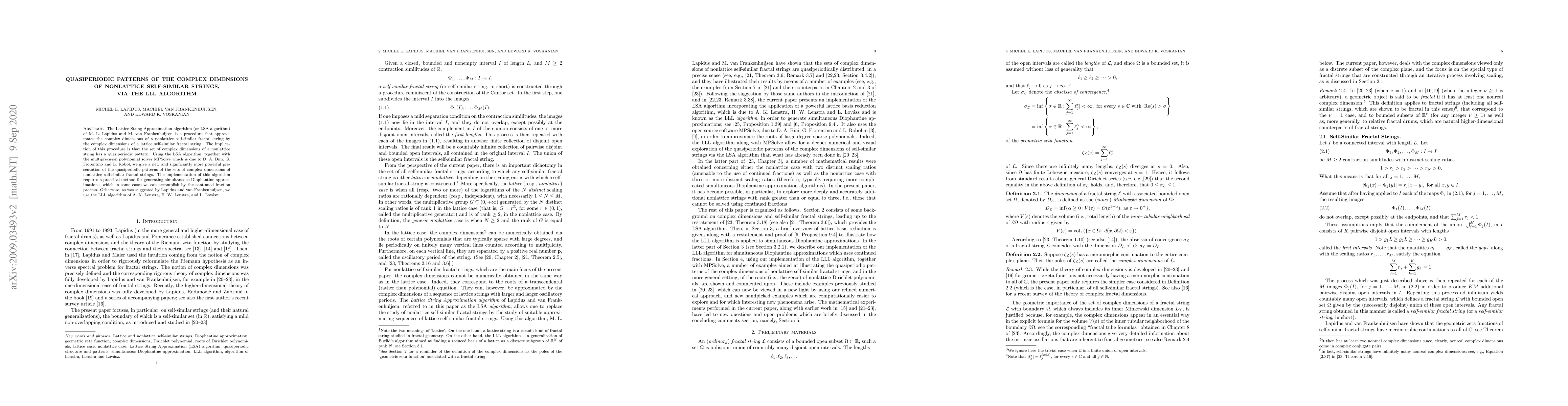 Thumbnail for Quasiperiodic patterns of the complex dimensions of nonlattice
  self-similar strings, via the LLL algorithm