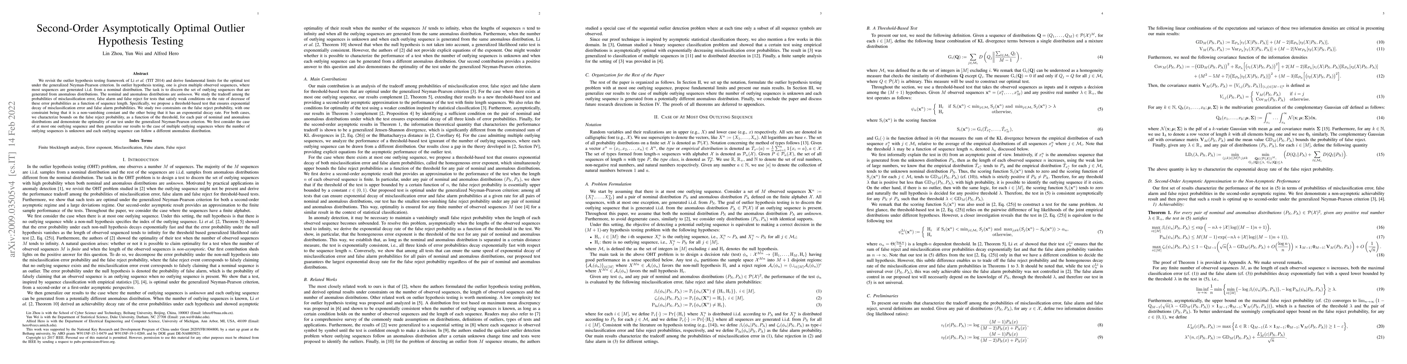 Thumbnail for Second-Order Asymptotically Optimal Outlier Hypothesis Testing