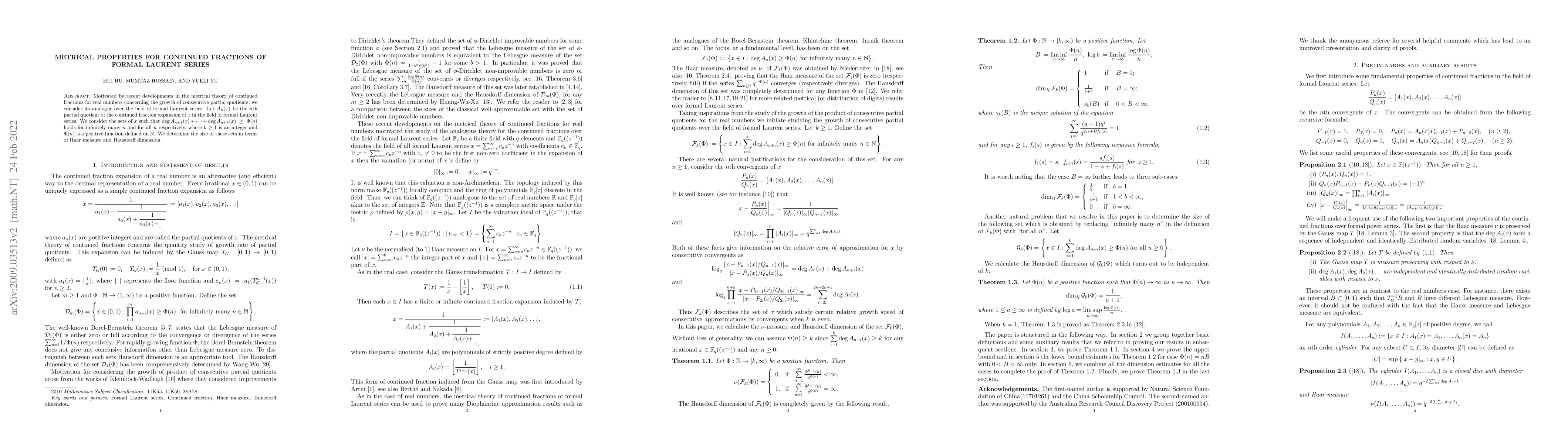 Thumbnail for Metrical properties for continued fractions of formal Laurent series