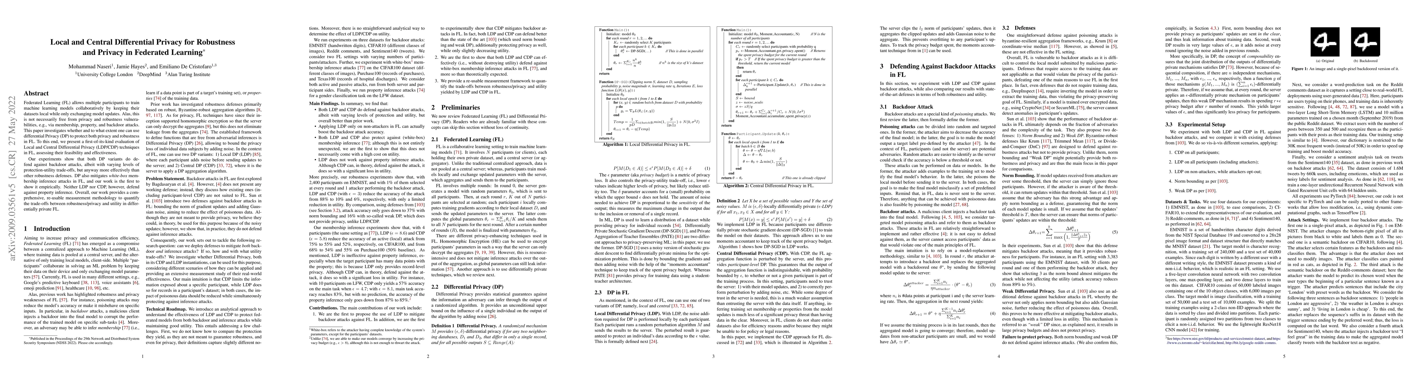 Thumbnail for Local and Central Differential Privacy for Robustness and Privacy in
  Federated Learning