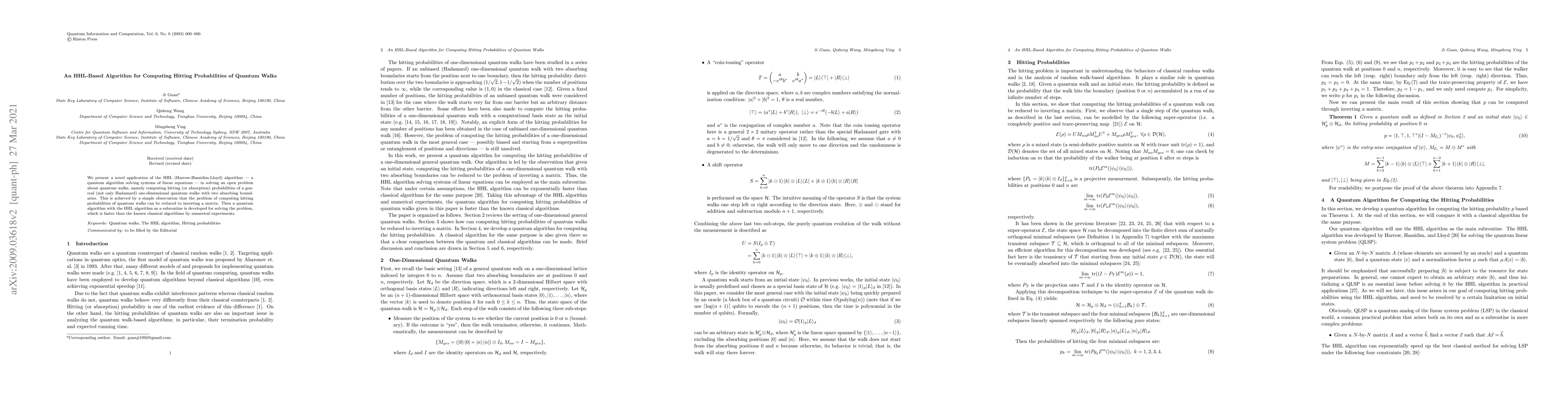 Thumbnail for An HHL-Based Algorithm for Computing Hitting Probabilities of Quantum
  Random Walks