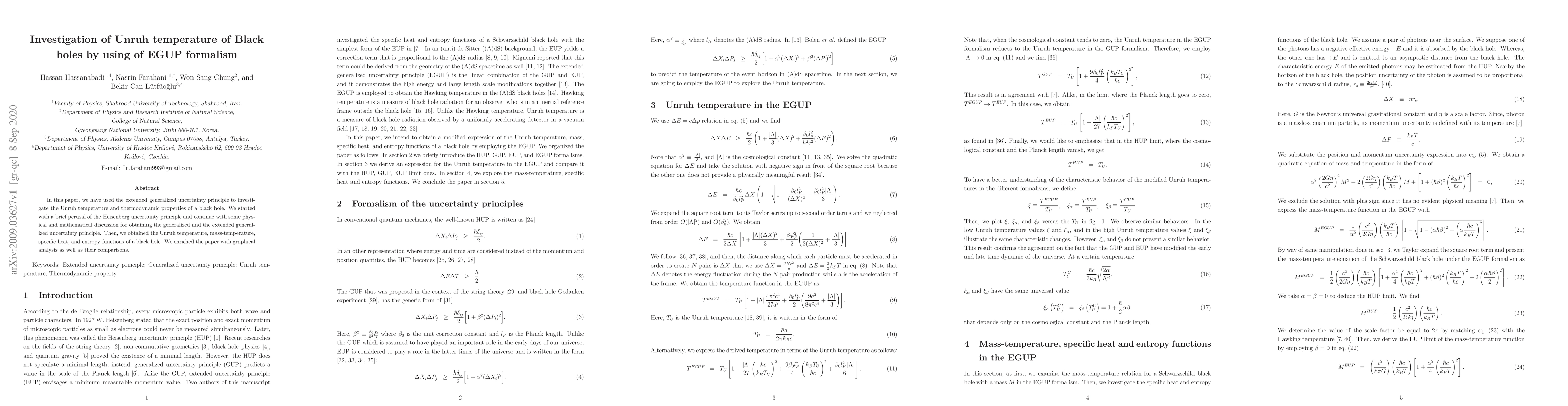 Thumbnail for Investigation of Unruh temperature of Black holes by using of EGUP
  formalism