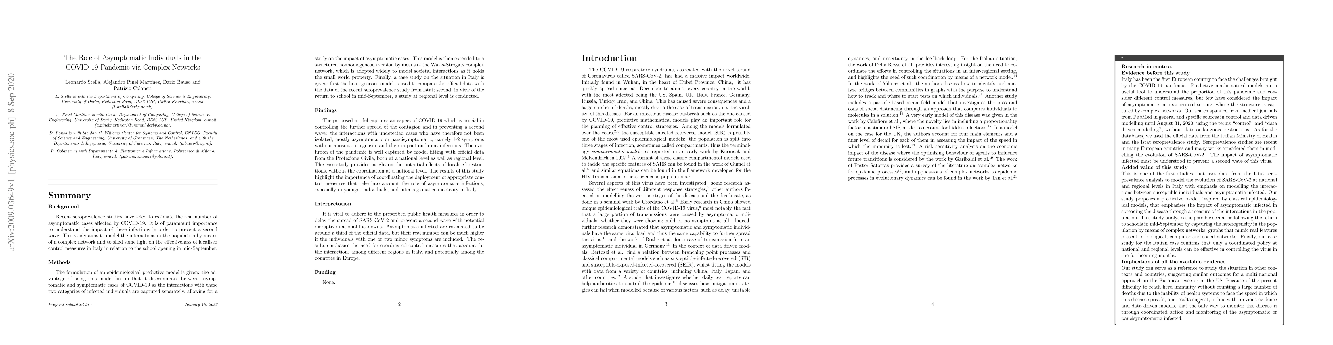 Thumbnail for The Role of Asymptomatic Individuals in the COVID-19 Pandemic via
  Complex Networks