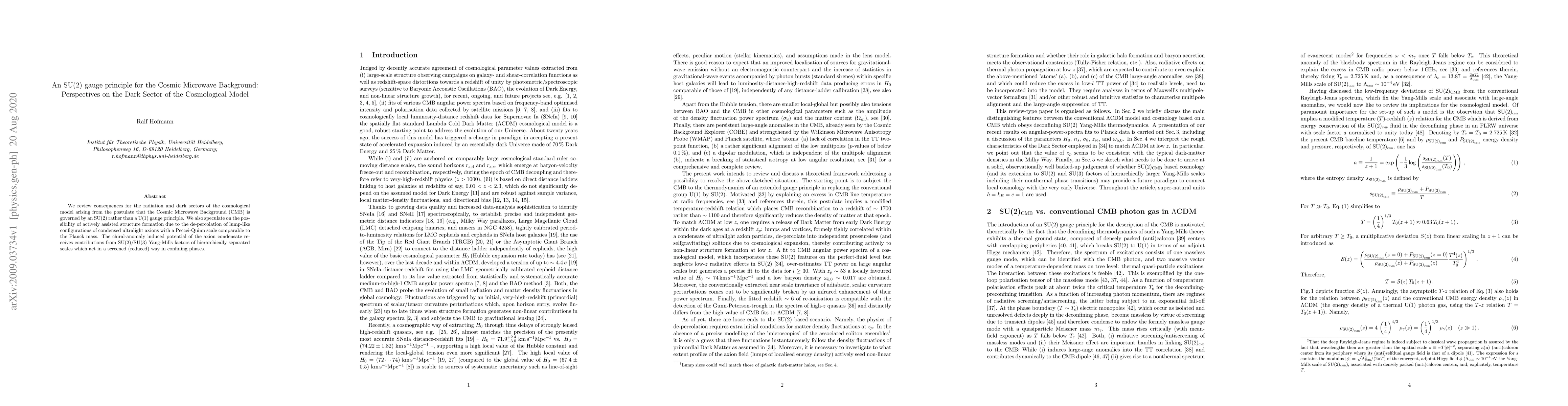 Thumbnail for An SU(2) gauge principle for the Cosmic Microwave Background:
  Perspectives on the Dark Sector of the Cosmological Model