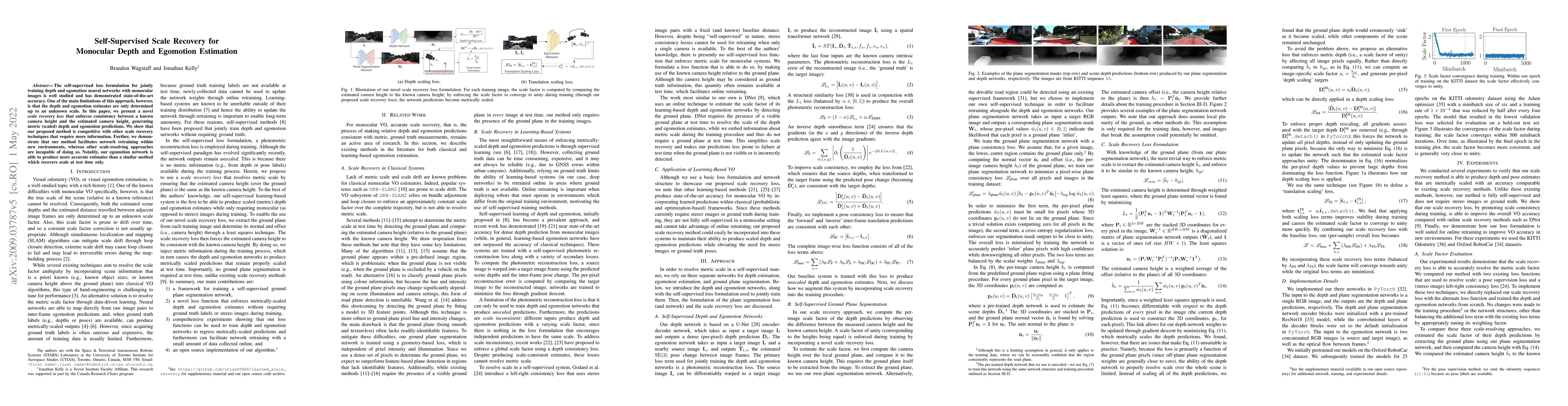 Thumbnail for Self-Supervised Scale Recovery for Monocular Depth and Egomotion
  Estimation