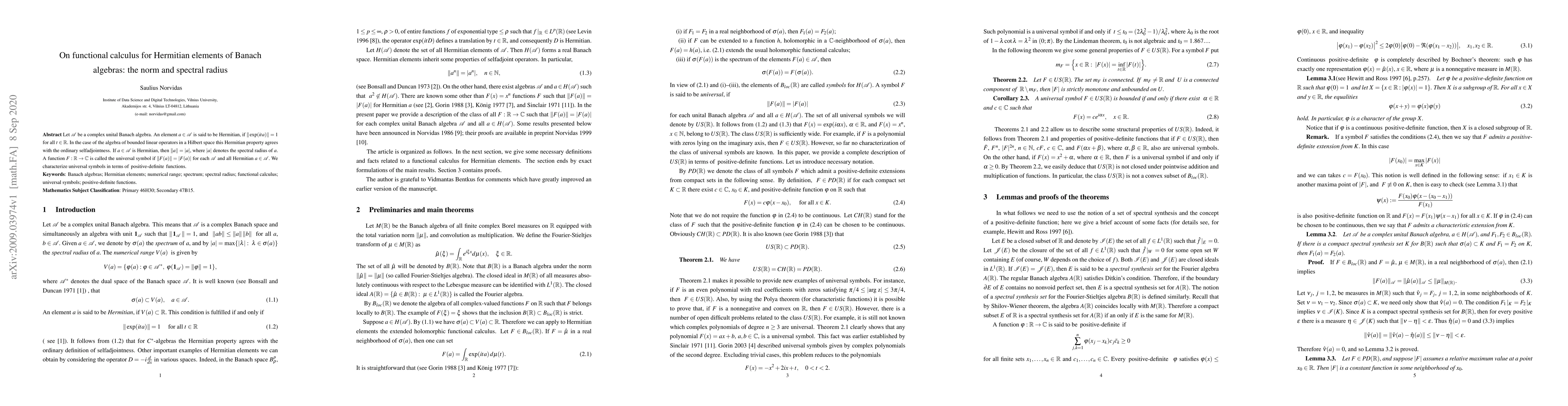 Thumbnail for On functional calculus for Hermitian elements of Banach algebras: the
  norm and spectral radius