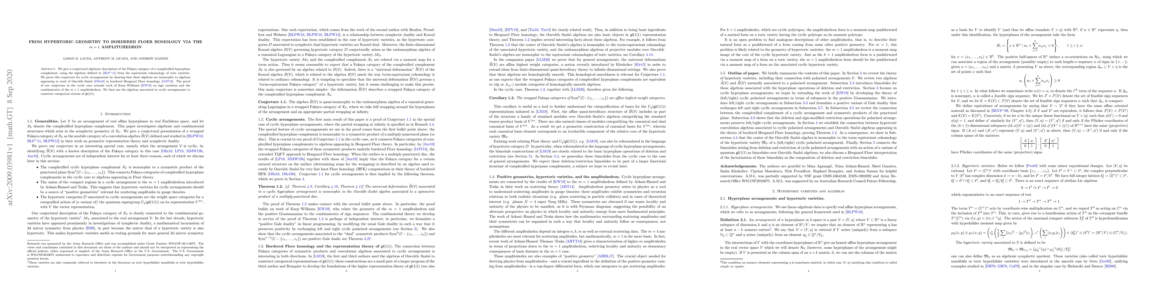 Thumbnail for From hypertoric geometry to bordered Floer homology via the m=1
  amplituhedron