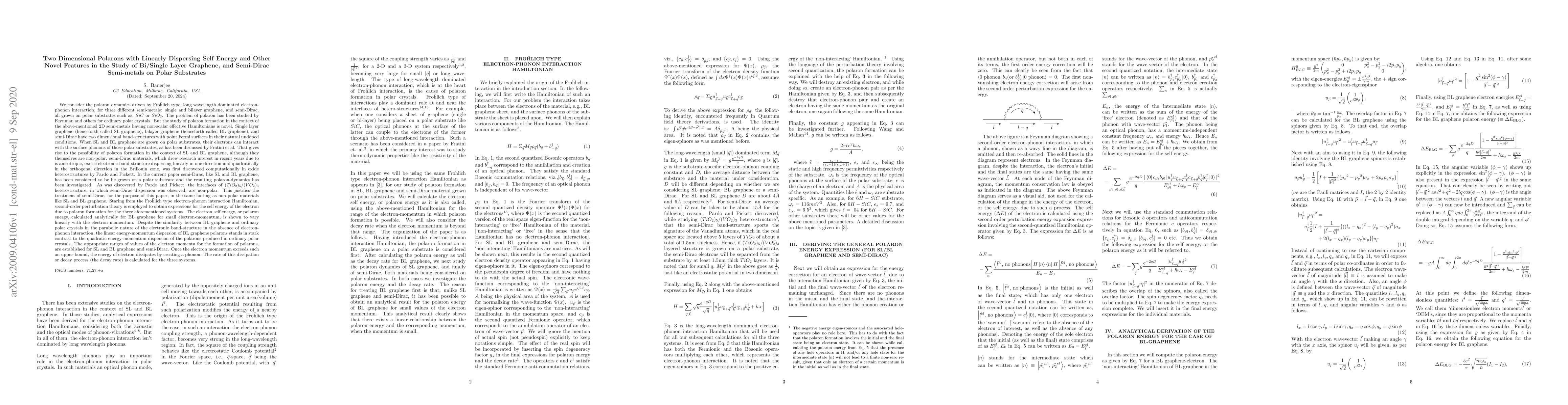 Thumbnail for Two Dimensional Polarons with Linearly Dispersing Self Energy and Other
  Novel Features in the Study of Bi/Single Layer Graphene, and Semi-Dirac
  Semi-metals on Polar Substrates