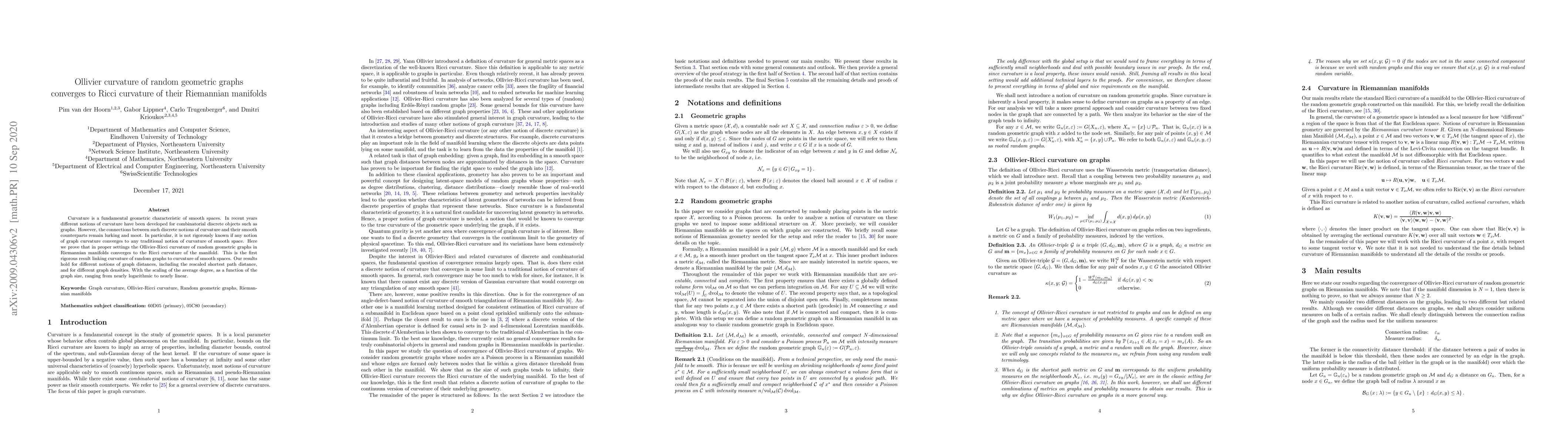 Thumbnail for Ollivier curvature of random geometric graphs converges to Ricci
  curvature of their Riemannian manifolds