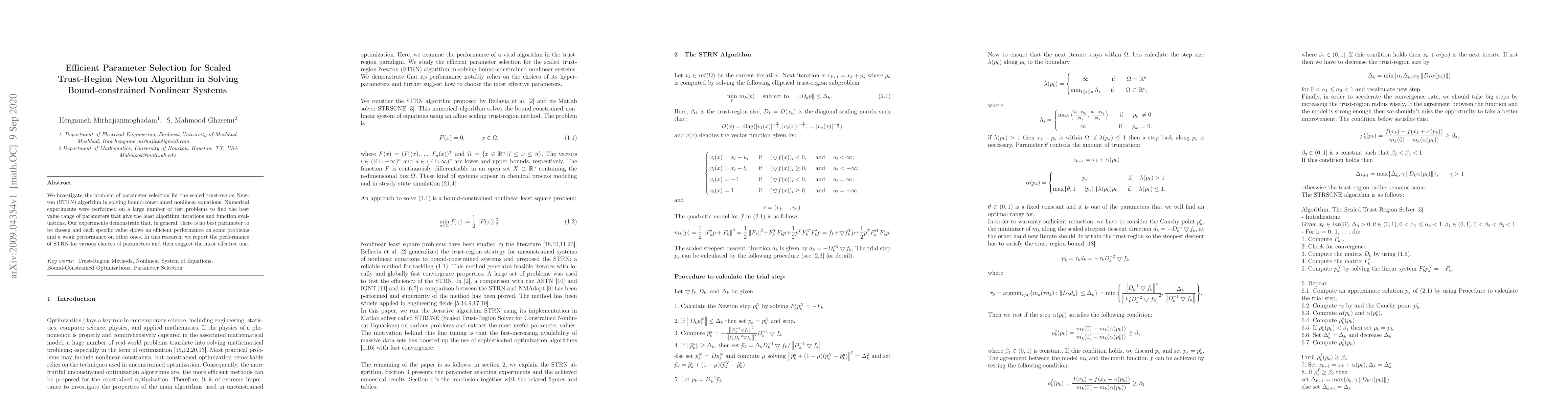 Thumbnail for Efficient Parameter Selection for Scaled Trust-Region Newton Algorithm
  in Solving Bound-constrained Nonlinear Systems