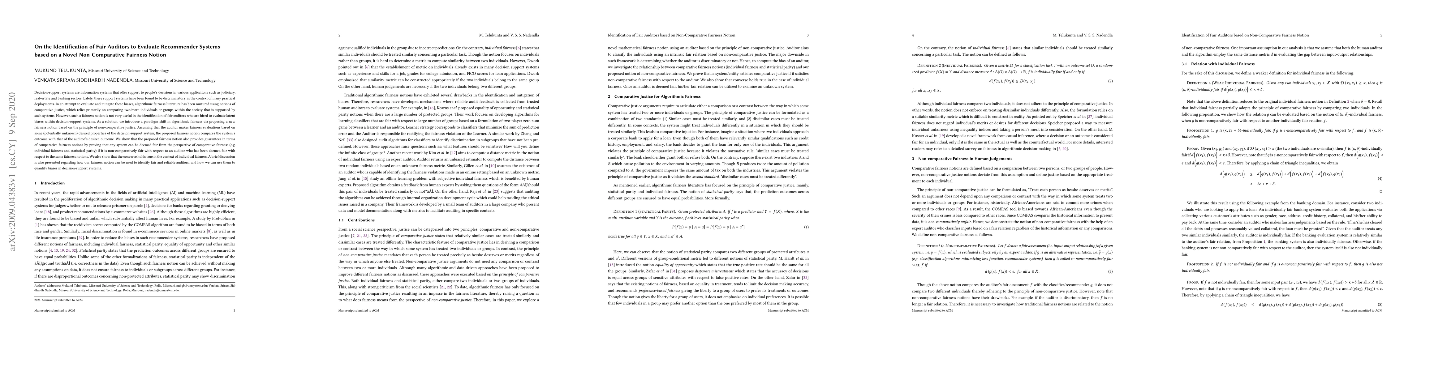 Thumbnail for On the Identification of Fair Auditors to Evaluate Recommender Systems
  based on a Novel Non-Comparative Fairness Notion